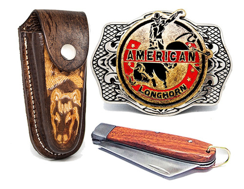 Fivela Country American Original Bainha Couro Canivete Rodeo