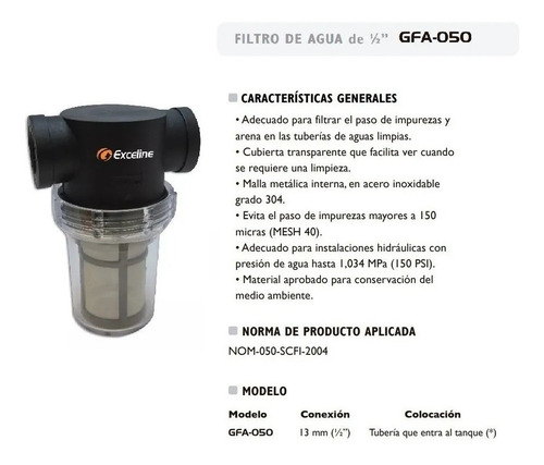 Filtro De Agua Desbarrador De 1/2 Marca Exceline