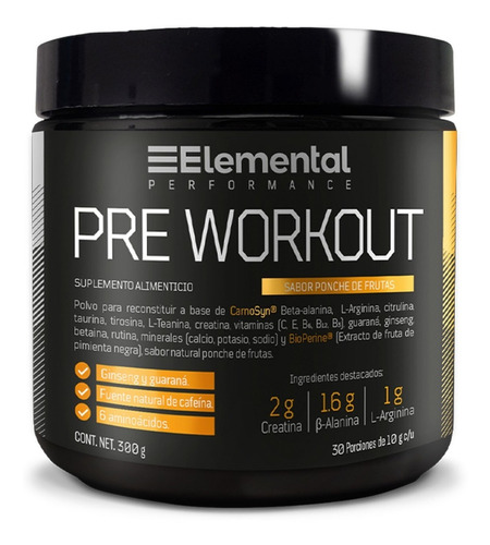 Elemental Performance, Pre-workout - Beta-alanina, L-Arginina, guaraná | 30 Porciones De 10g C/u | 300g Sabor Ponche de frutas