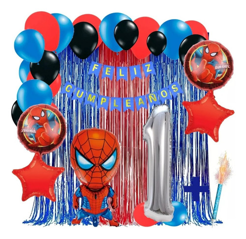 Kit Globos Decoracion Spiderman Azul Rojo Cortina Numero