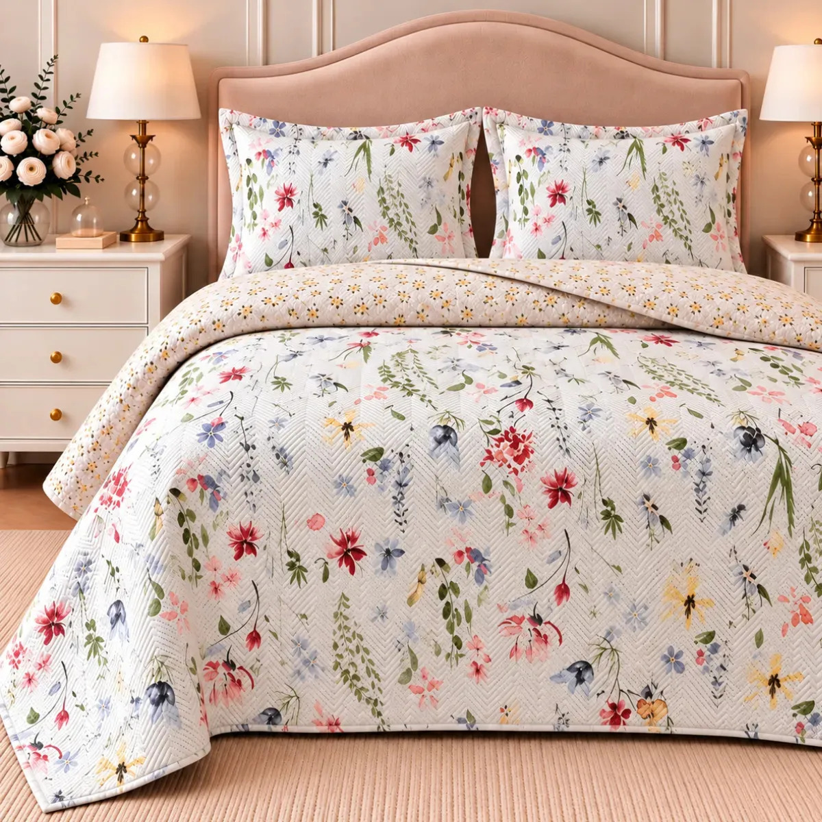 Kit Cobre Leito Colcha Casal Bouti Dupla Face Estampado 3pçs Cor Sicíl