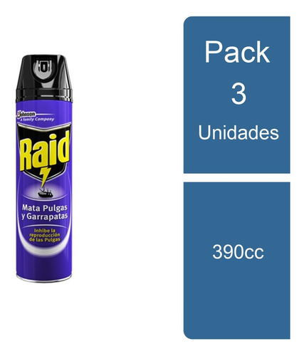 Pack 3 Insecticida Mata Pulgas Y Garrapatas 390cc Raid