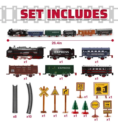 JOTOL Juego de Tren para Niños,141 Piezas Tren Juguete Electricos con Rieles y Vías para Automóviles,Luces y Sonidos,Juguetes de Pista para Coches,Circuito Coches Navideños Regalos 3 4 5 6 7 8 Años