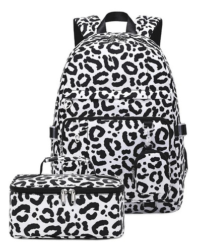 Mochila Para Estudiantes Con Estampado De Leopardo De Gran Capacidad Y Lonchera
