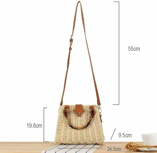 Bolso De Mano De Paja Tejida Con Asa De BambĂș, Correa Cruzad