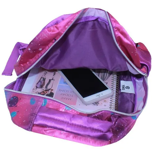 Mochila escolar infantil Costa Grande, color morado, diseño de tela de planetas