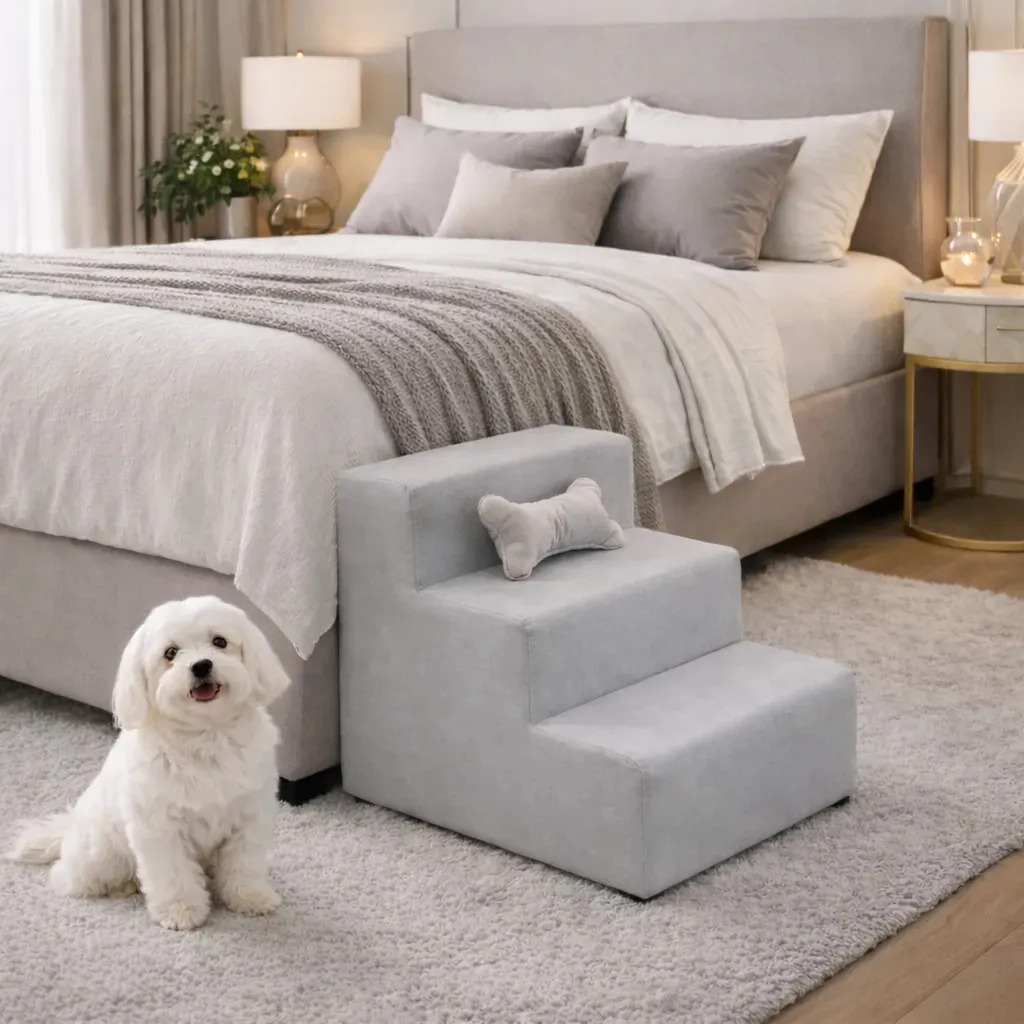 Escada escadinha para Pet 3 Degraus com Osso cor Cinza veludo Liberty Móveis