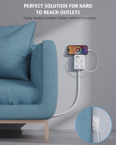 Extensor De Tomacorriente Plano Con 3 Enchufes De Pared Usb