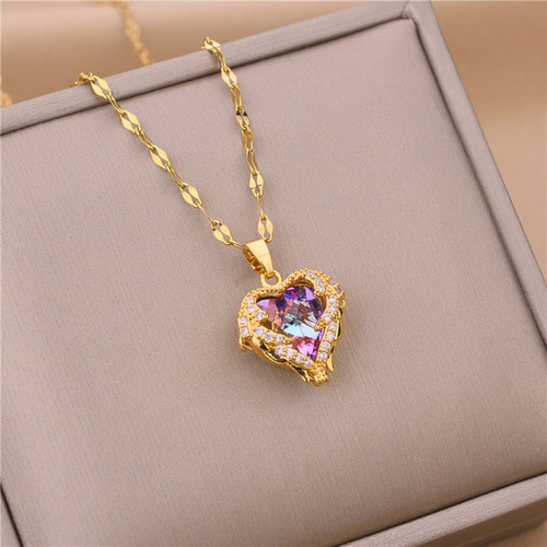 Imagen 7 de 10 de Collar Dije Corazón Acero Oro Rosa Con Cristal Rosa Iced
