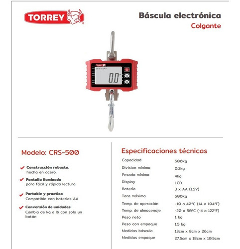 Imagen 2 de 3 de Bascula Colgante Para 500kg Torrey Modelo Crs-500 Rbanda