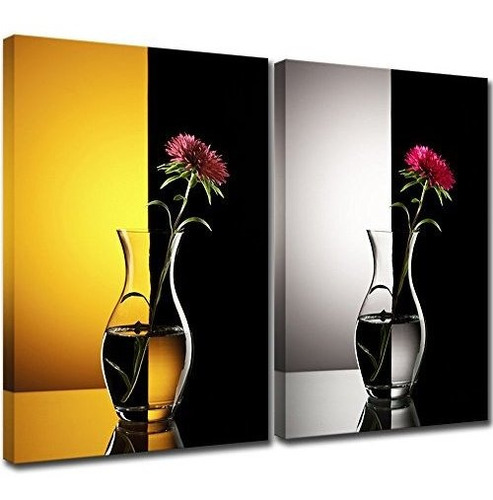 Klvos 2 Panel Rojo Rosa Tela Floral Pared Arte Negro N8vrl