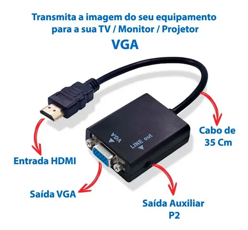 Cabo Conversor Adaptador Hdmi Para Vga Hd Sa da P2 udio Pc