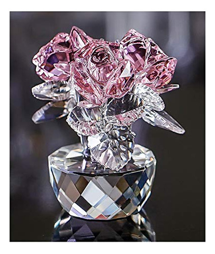 Qfkris Ramo De Rosas De Cristal Rosa, Figurita De Cristal Pa