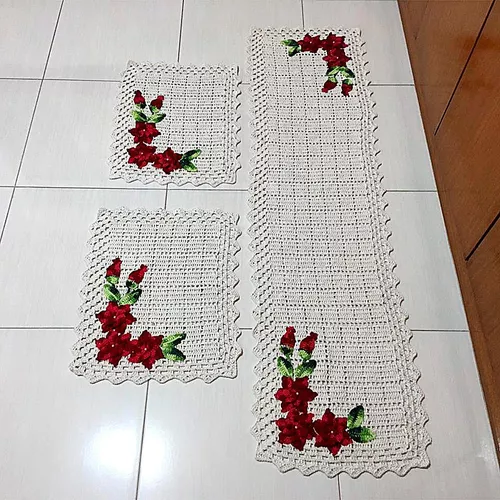 Jogo Tapete De Cozinha Crochê 3 Peças Floral Luxo Decoração - R$ 317,9