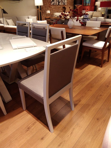 Silla Tapizado Tela Gris Madera Laca Blanca - He2987