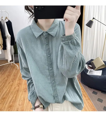Camisa De Manga Larga Con Encaje Y Algodón Para Mujer