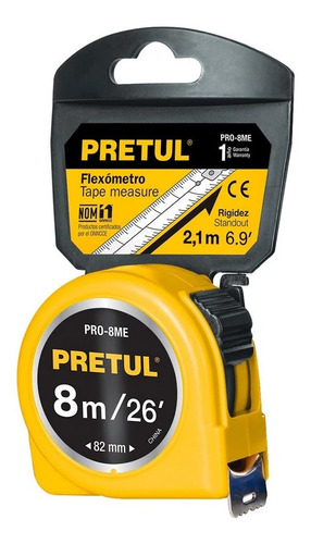 Flexómetro 8m X 25mm Tarjeta Plástica Amarillo Pretul 21603