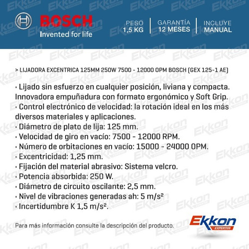 Imagen 2 de 7 de Lijadora Excentrica Bosch 250w 1.25mm Madera Gex-125-1