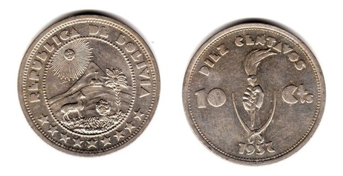 Moneda Bolivia 10 Centavos 1937 Km#180 Xf