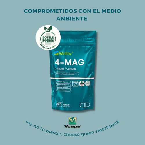 4-mag 200 Cápsulas Wellthy Mezcla De Magnesio, 100 Porciones Sin Sabor