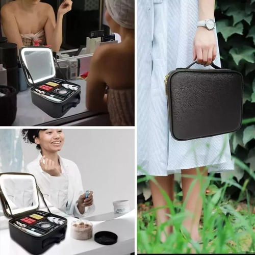 Bolsa De Cosméticos De Viaje Portátil Con Luz Y Espejo A
