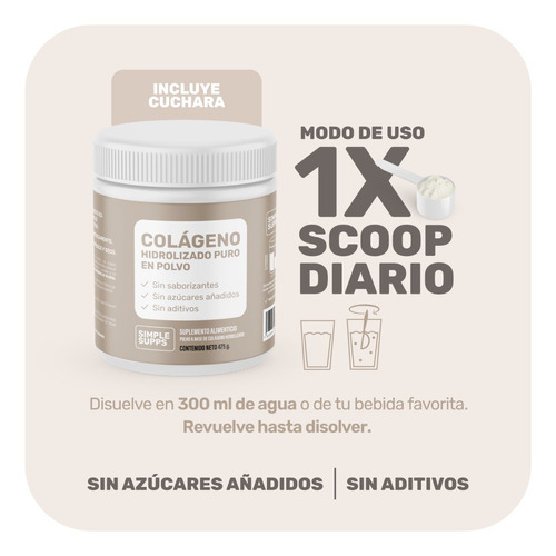 Imagen 4 de 8 de Colágeno Hidrolizado Polvo Simplesupps 475gr 47.7 Porciones Sabor Neutro