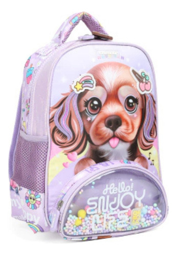 Mochila Chimola Espalda Jardín Infantil 12 + Lunchera Rosa Lila Perrita
