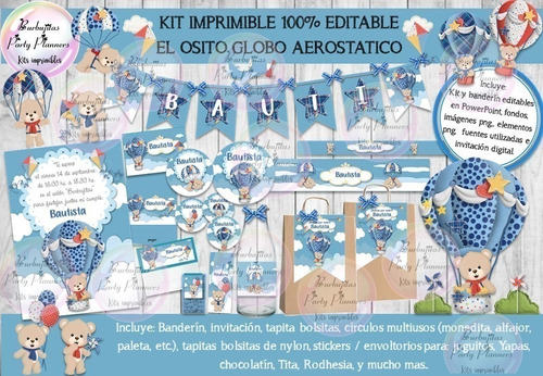 Kit Imprimible Osito Globo Aerostatico Celeste 100% Editable