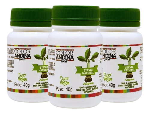 Kit Com 3 Adoçante Stevia Em Pó 40g Color Andina Natural