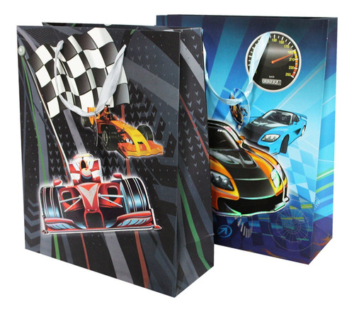 Imagem 2 de 3 de Sacolas Para Presentes Decoradas Kraft Corrida Carros Com 12