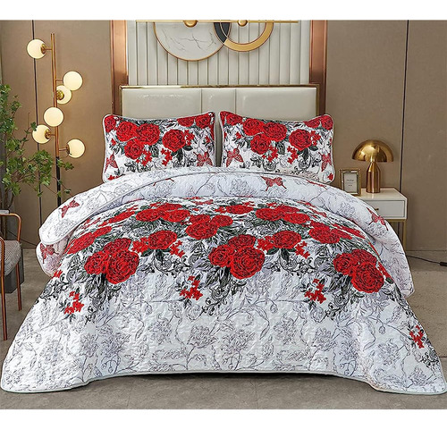 Yiran Red Flower Quilt Set Con 2 Fundas De Almohada Rose Flo