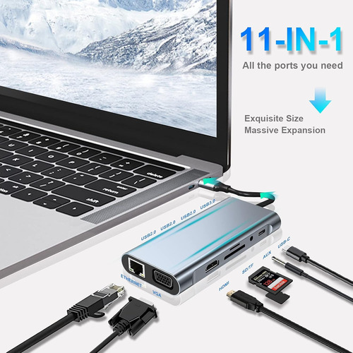 Hub Usb C 11 En 1 Con Hdmi 4k, Usb 3.0, 100 Wpd, Vga, Tarjet