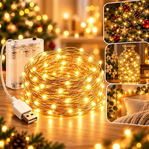 Fio Fada Cordão Decorativo Branco Quente 10 Metros USB e Pilhas