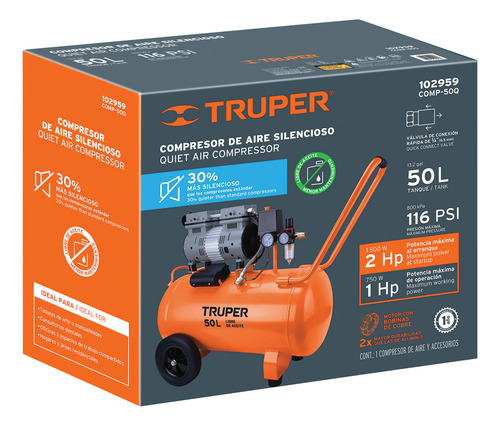 Compresor D Aire Silencioso Libre D Aceite 50 L 2 Hp 102959