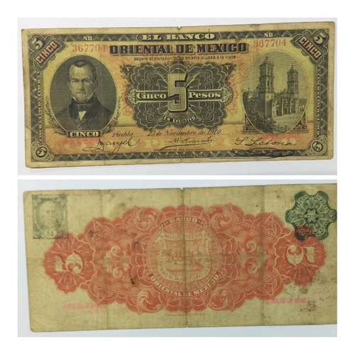 Billete El Banco Oriental De México. Puebla 1910 $5. 