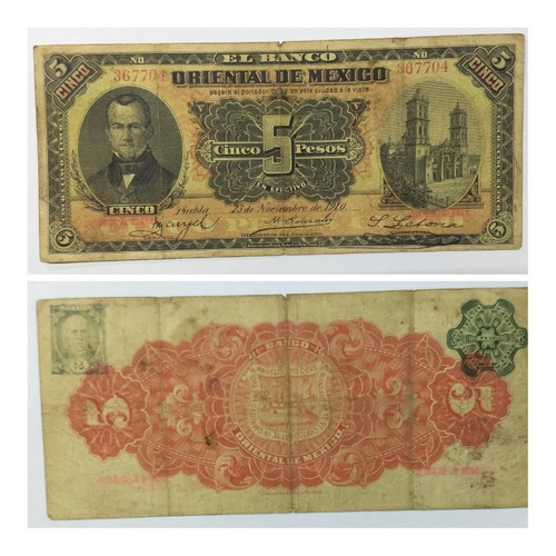 Billete El Banco Oriental De México. Puebla 1910 $5. (Usado)