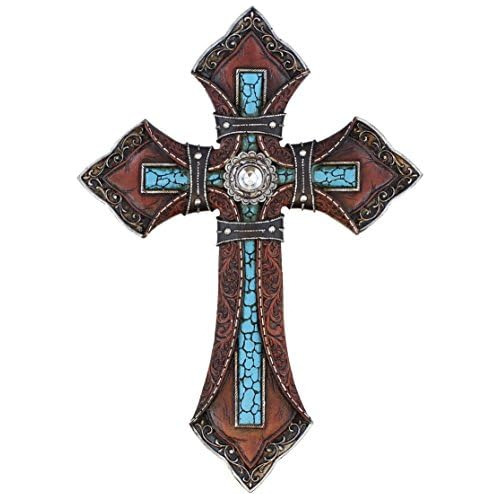 Cruz De Pared Aspecto De Cuero Repujado - Turquesa Sint...