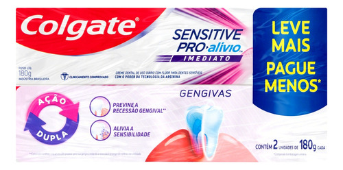 Pasta de dentes Colgate Sensitive Pro-Alívio Imediato Gengivas Sensitive Pro  em creme  sem glúten pacote x 2 360 g