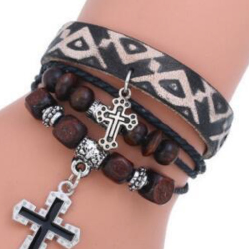 Pulsera De Cuero Ajustable - Geometric - Colgante Cruz 