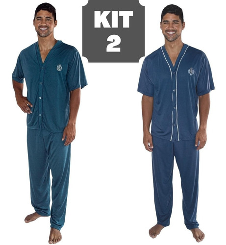 Imagem 1 de 8 de Kit 2 Pijama Plus Size Meia Manga Aberto Botão Calça Adulto