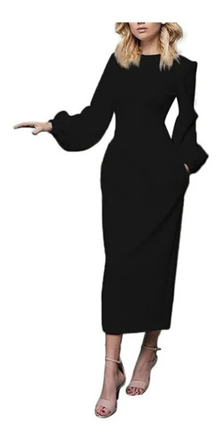 Maxi Vestido Mujer Elegante Color Sólido Manga Larga Slim