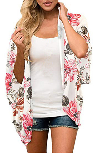 Kimono De Chifón Con Estampado Floral Holgado De Media Manga