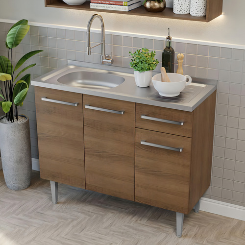 Armário De Cozinha Compacta 105cm Com Pia Emilly Madesa 04 Cor Rustic/cinza
