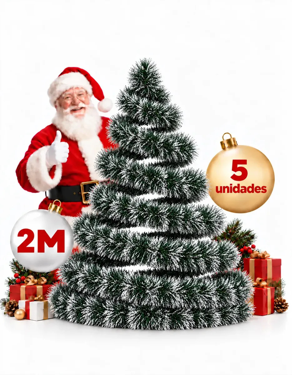 Kit 5 Festão Árvore De Natal 10 Metros Cheio Grosso 13cm Verde Neve Nevado Flexível Sem Laços Varal Natalino Decoração 2m Enfance