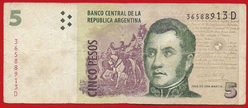!!! Billete Argentina  5 Pesos Sda Emis.  Serie D 2005 !!! 