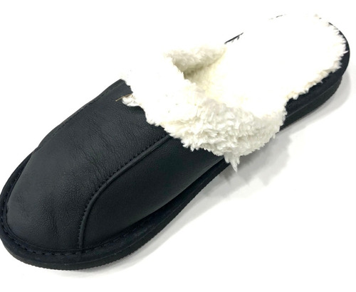 Pantufla De Cuero Con Abrigo Corderito Suela Antideslizante