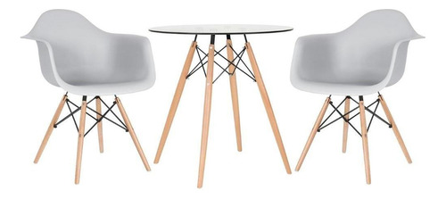 Kit Mesa De Vidro Eames Wood 70 Cm 2 Cadeiras Daw Cores Tampa Cinza-claro