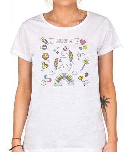 Remera De Mujer Unicorn Time Unicornio Feliz Arcoiris