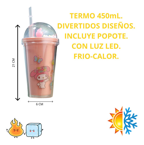 Termo Acrilico Luces Led 450ml Sanrio Vaso Doble Capa