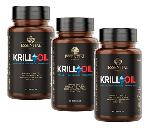 Kit 3x Krill Oil Essential Nutrition 60 Caps Cada Sabor Sem Sabor